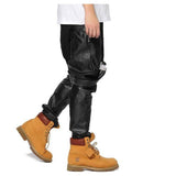 Black Leather Overalls Pants-Casual Pants-soullab urbanclothing Store-PLATINUM REXZ-PREXZ