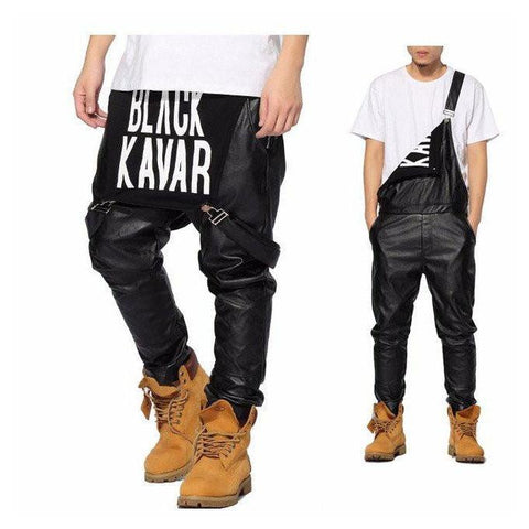 Black Leather Overalls Pants-Casual Pants-soullab urbanclothing Store-PLATINUM REXZ-PREXZ