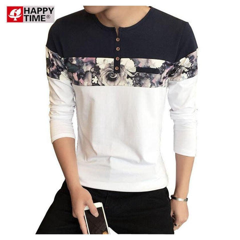 Men's Long-Sleeved Printed Floral Tee-T-Shirts-WXZ-Men's Fashion-PLATINUM REXZ-PREXZ